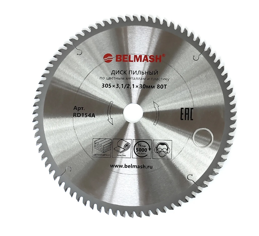 Диск пильный 305 х 3.1/2.1 х 30 мм 80T (цвет. металл, пластик) BELMASH RD154A