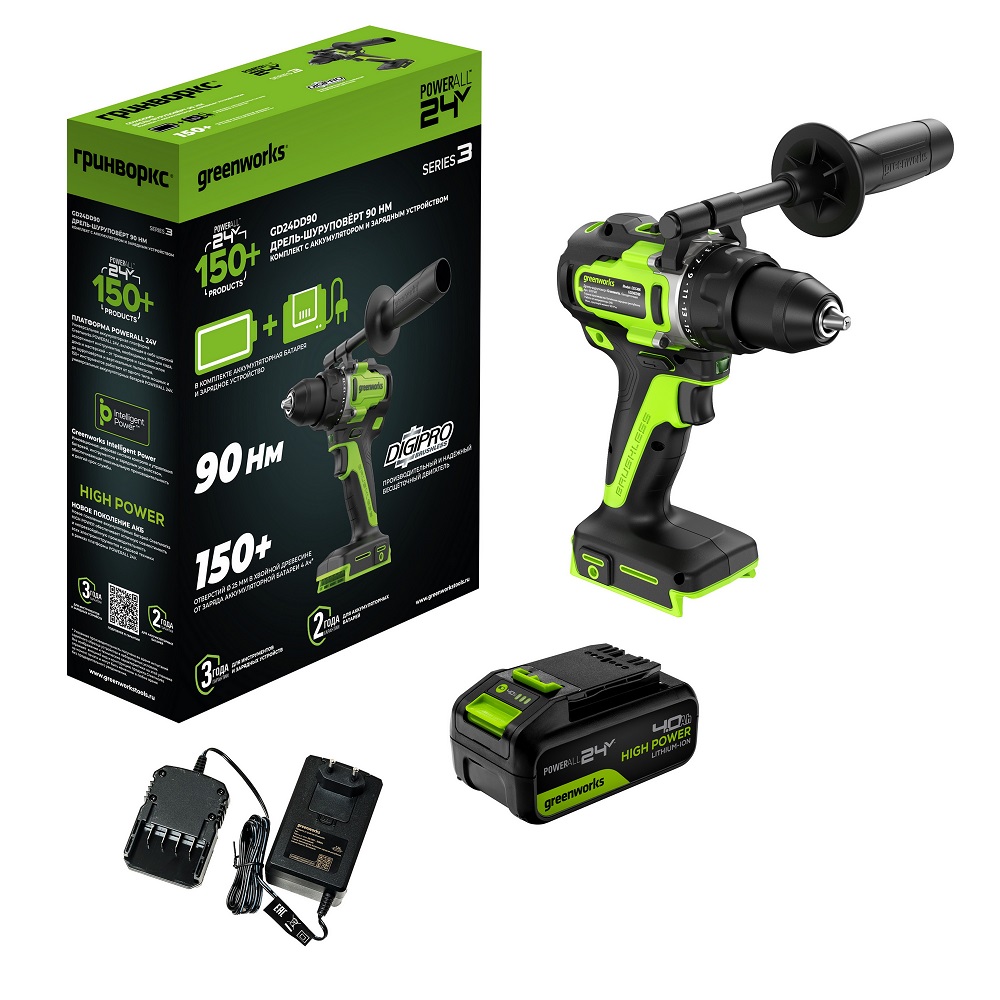 Дрель-шуруповерт аккумуляторная GREENWORKS GD24DD90 3707507CUB