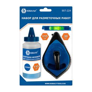 Шнур разметочный 30 м + порошок (синий, 115 гр.) + уровень КОБАЛЬТ 907-224
