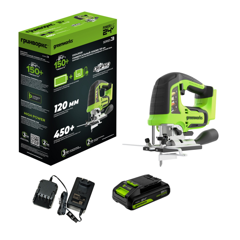 Лобзик аккумуляторный GREENWORKS GD24JS120K2 3601407CUA