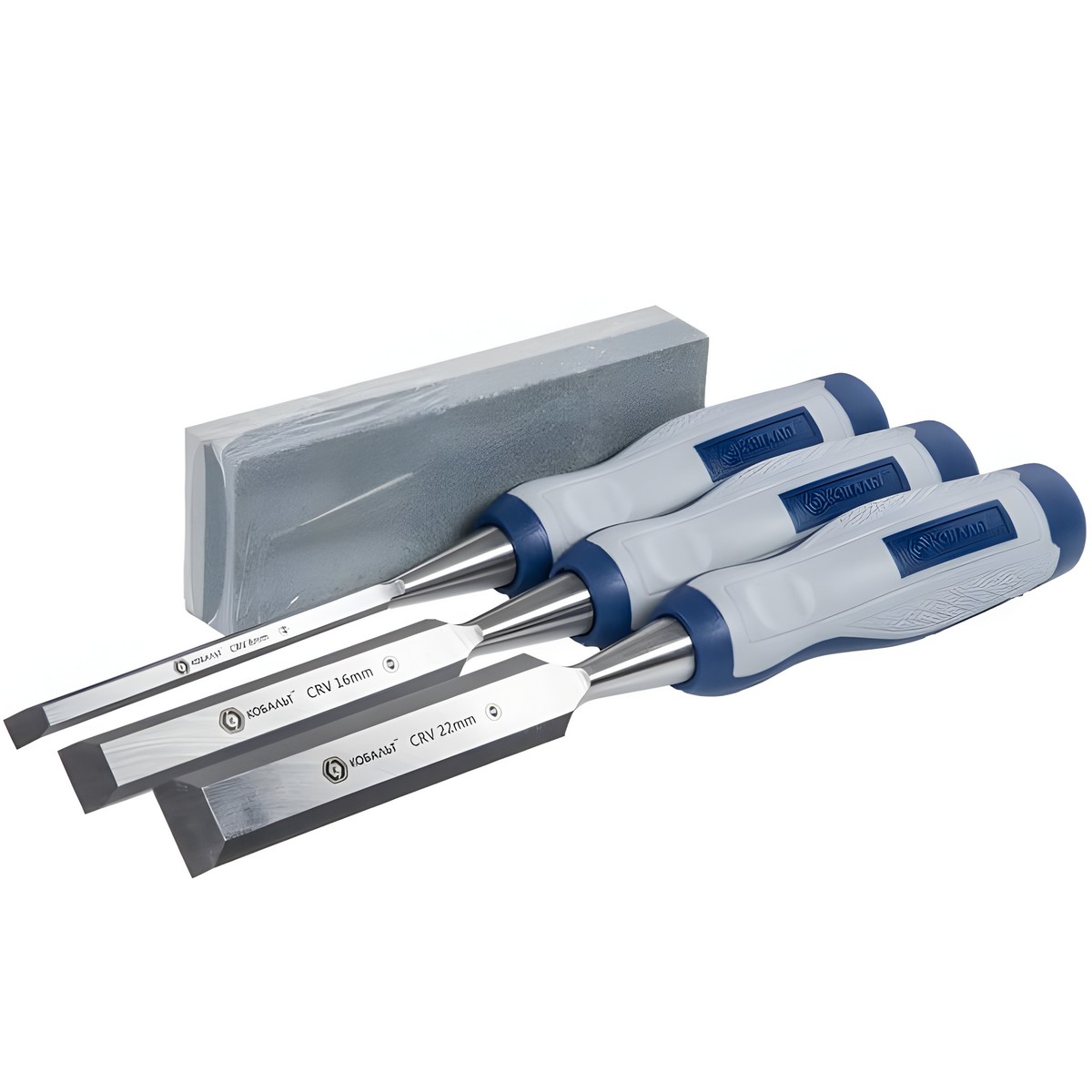 Набор стамесок 3 шт. (8/16/22 мм, двухкомпонентные ручки, точильный камень) КОБАЛЬТ 245-688