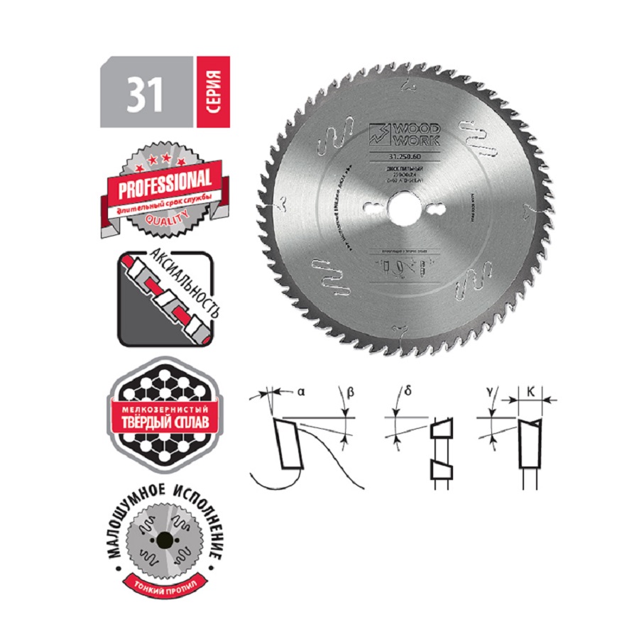 Диск пильный 250*2,4*30*24Т (универсальный) ATB+shear WOODWORK 31.250.24