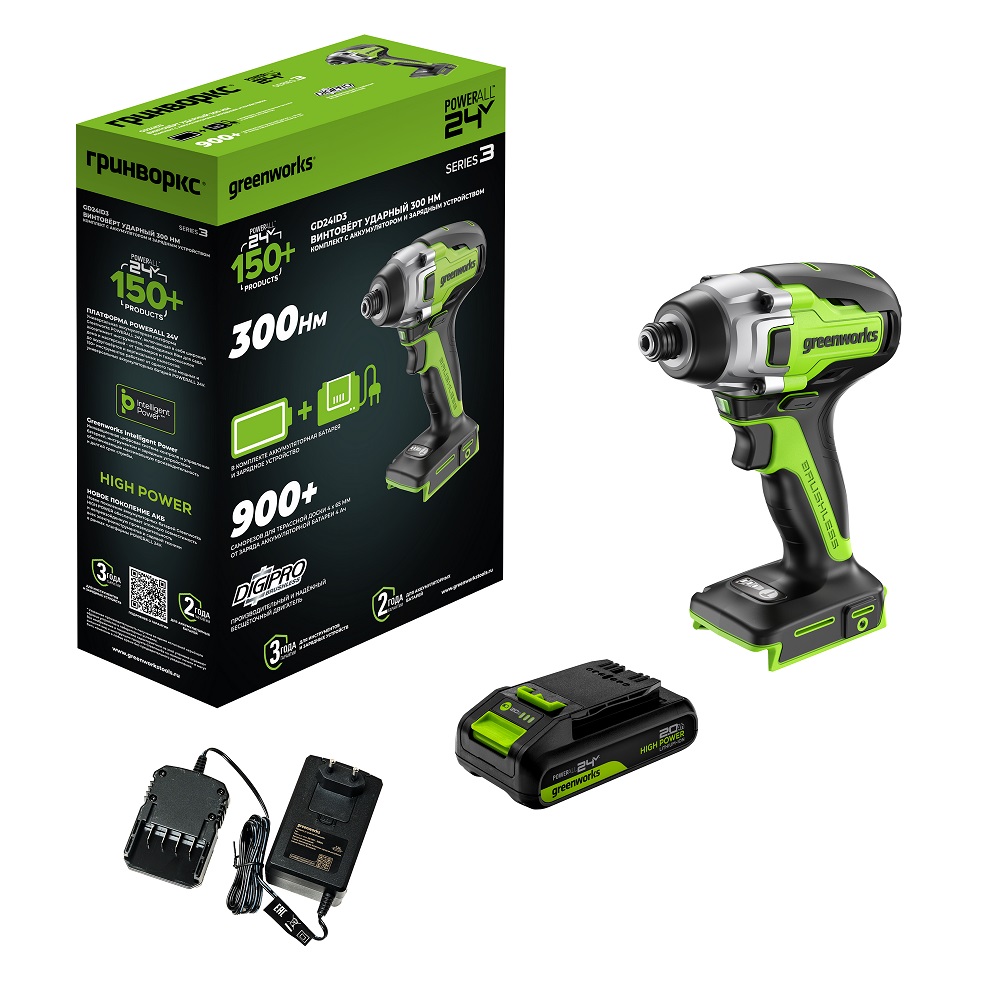 Винтоверт аккумуляторный ударный GREENWORKS GD24ID3K2 3802807CUA