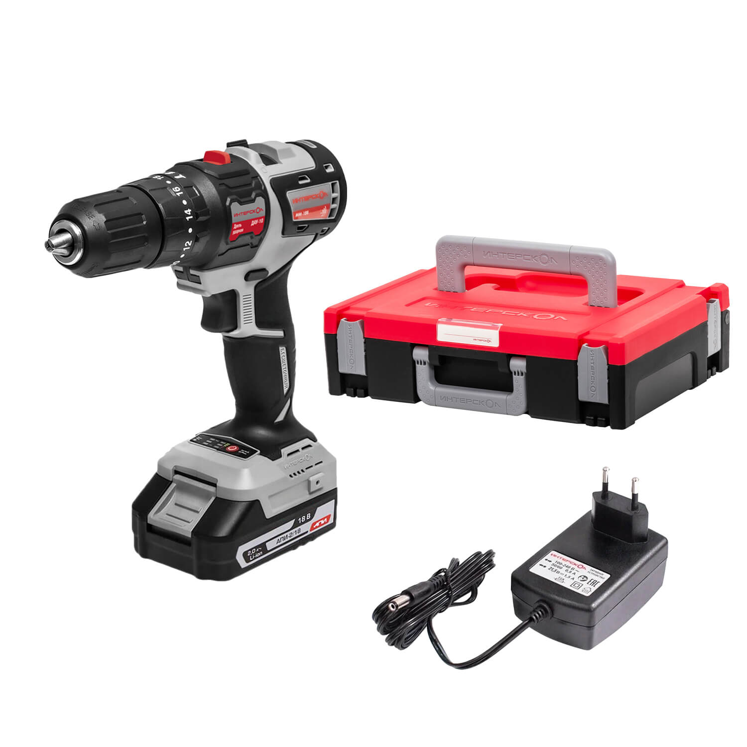 Дрель аккумуляторная ударная ИНТЕРСКОЛ ДАУ-10/18В 44 (2 АКБ х 2.0 Ah, ЗУ, кейс)