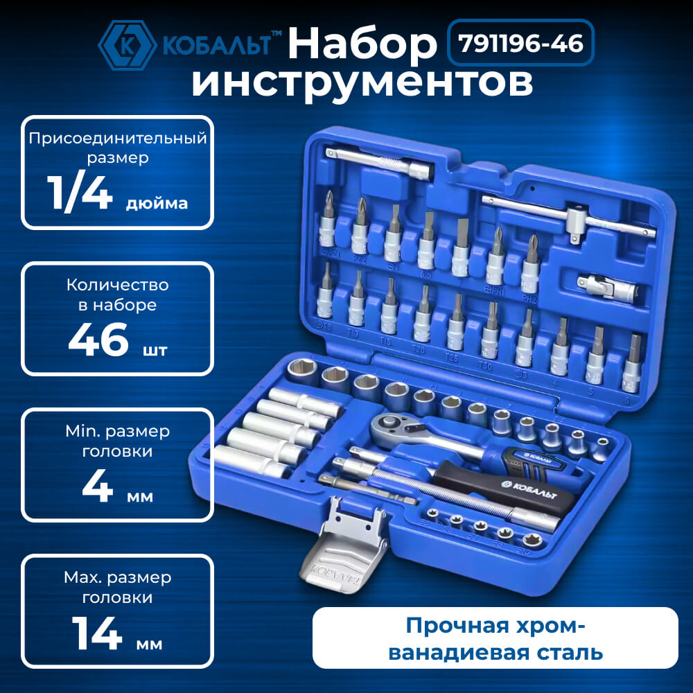 Набор инструментов 46 пр. (1/4'', кейс) КОБАЛЬТ 791196-46