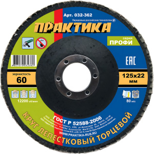 Круг лепестковый торцевой 125 х 22.2 мм Р60 Профи ПРАКТИКА 032-362