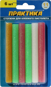 Стержни клеевые 11 х 100 мм (6 шт., цветной с блесками) ПРАКТИКА 790-229