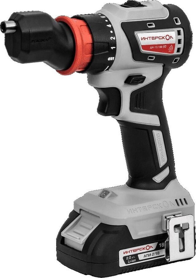 Дрель аккумуляторная ИНТЕРСКОЛ ДА-13/18В 50 АПИ (2 АКБ х 2.0Ah, ЗУ, кейс, 4 насадки)