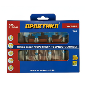 Набор сверл Форстнера 5 шт. (15/20/25/30/35 мм, деревянный кейс) ПРАКТИКА 918-641