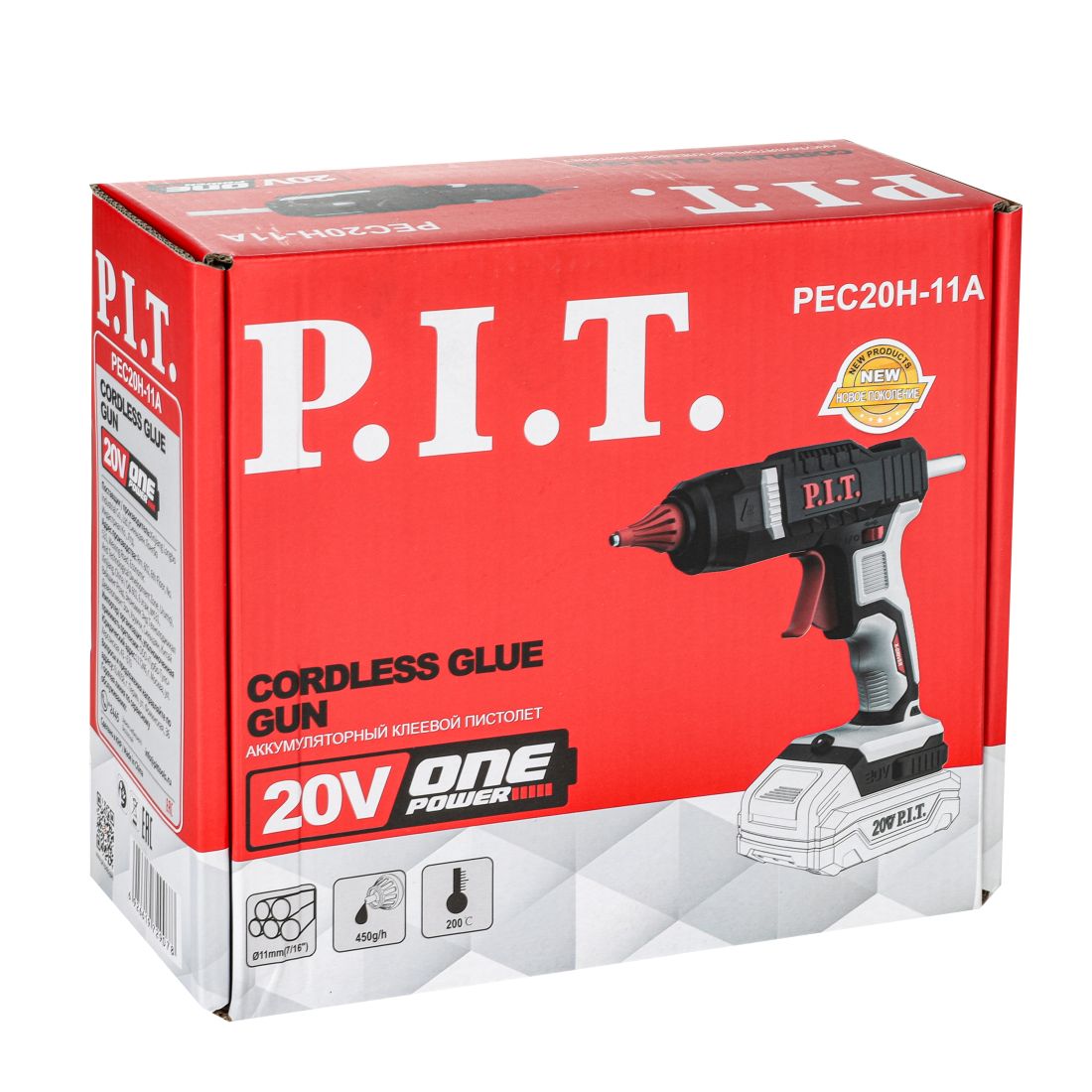 Пистолет клеевой аккум. P.I.T. PEC20H-11A SOLO (20В, 200*, макс. ф стержня 11мм, расход 450г/ч)