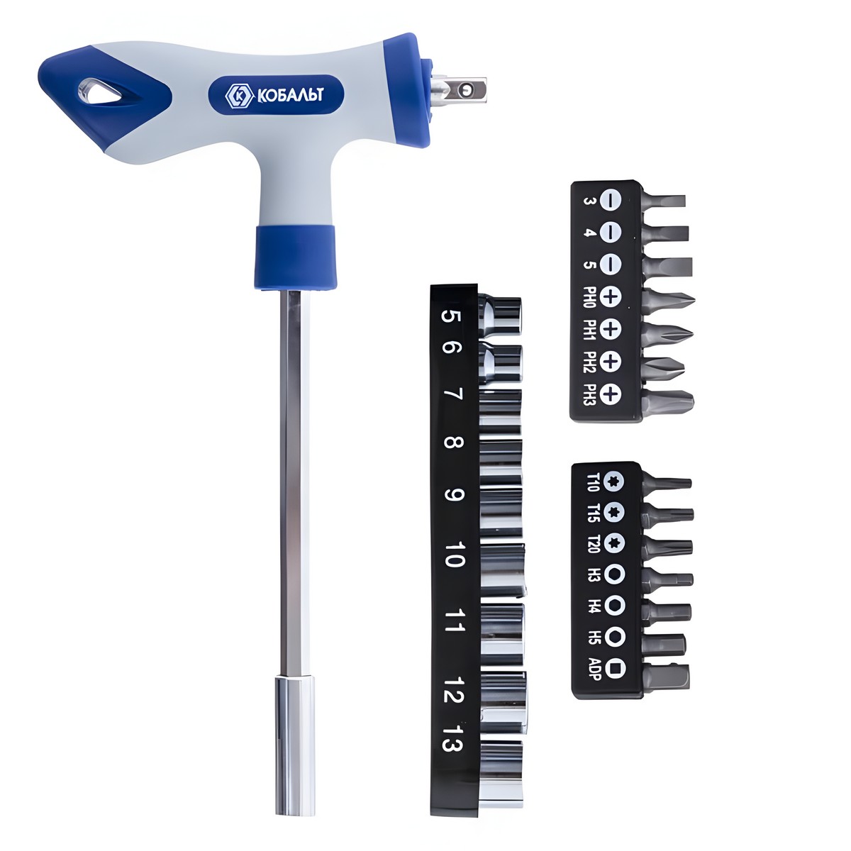 Отвертка-рукоятка Т-образная с набором бит и головок 1/4'', 24 шт. КОБАЛЬТ 245-473