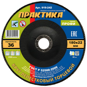 Круг лепестковый торцевой 180 х 22.2 мм Р36 Профи ПРАКТИКА 919-242