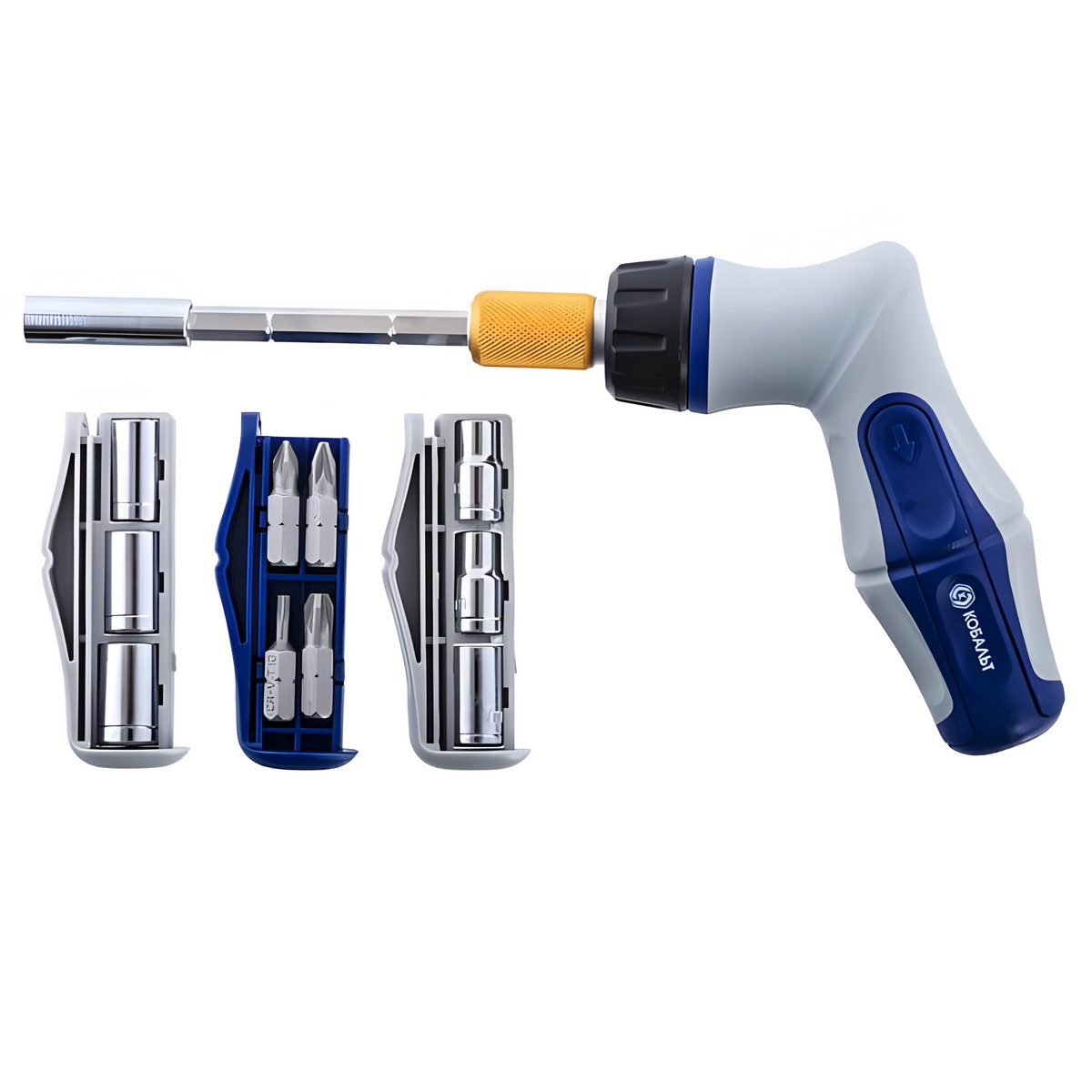 Отвертка пистолетная с набором бит и головок 1/4'', 24 шт., телескопическая, реверс. КОБАЛЬТ 245-459