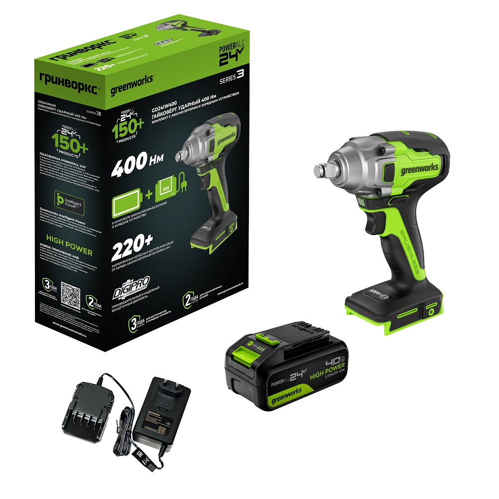 Гайковерт аккумуляторный ударный GREENWORKS GD24IW400K4 3802907CUB