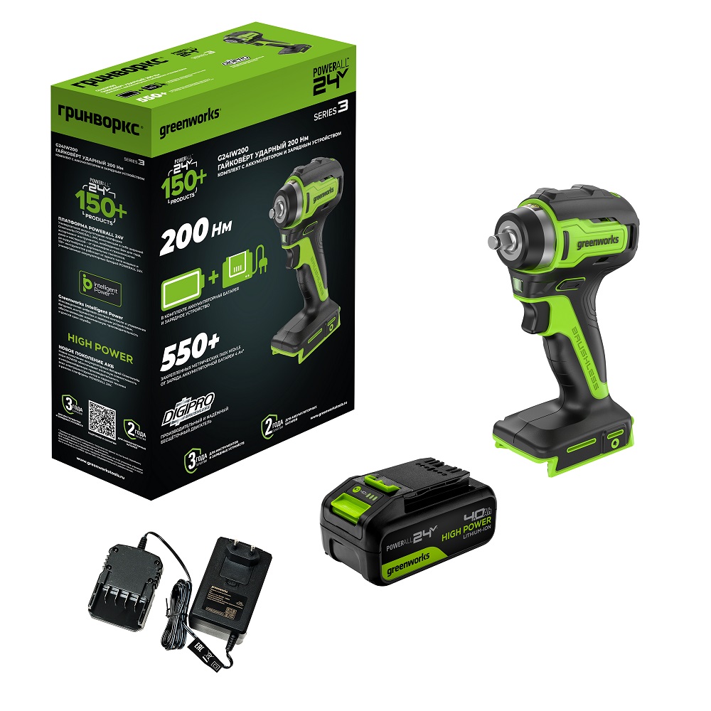 Гайковерт аккумуляторный ударный GREENWORKS G24IW200K4 3803607CUB