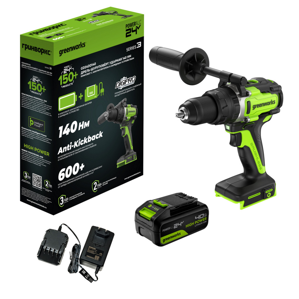 Дрель-шуруповерт аккумуляторная ударная GREENWORKS GD24DD140 3707607CUB