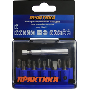 Набор бит 11 шт. + держатель 60 мм (кассета) "Профи" ПРАКТИКА 036-513