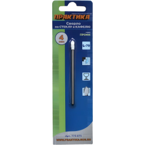 Сверло по стеклу 4.0 х 70 мм V-тип Профи ПРАКТИКА 775-075