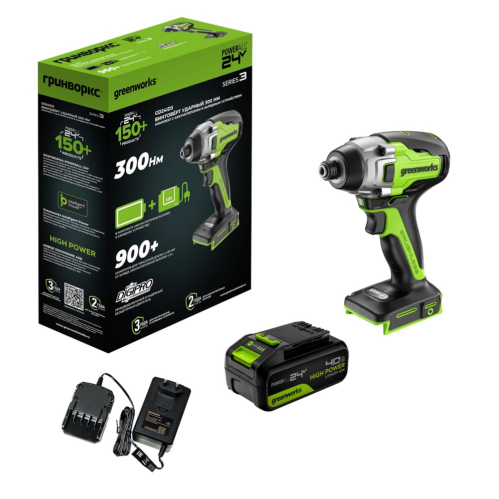 Винтоверт аккумуляторный ударный GREENWORKS GD24ID3K4 3802807CUB