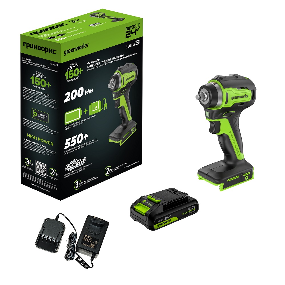Гайковерт аккумуляторный ударный GREENWORKS G24IW200K2 3803607CUA