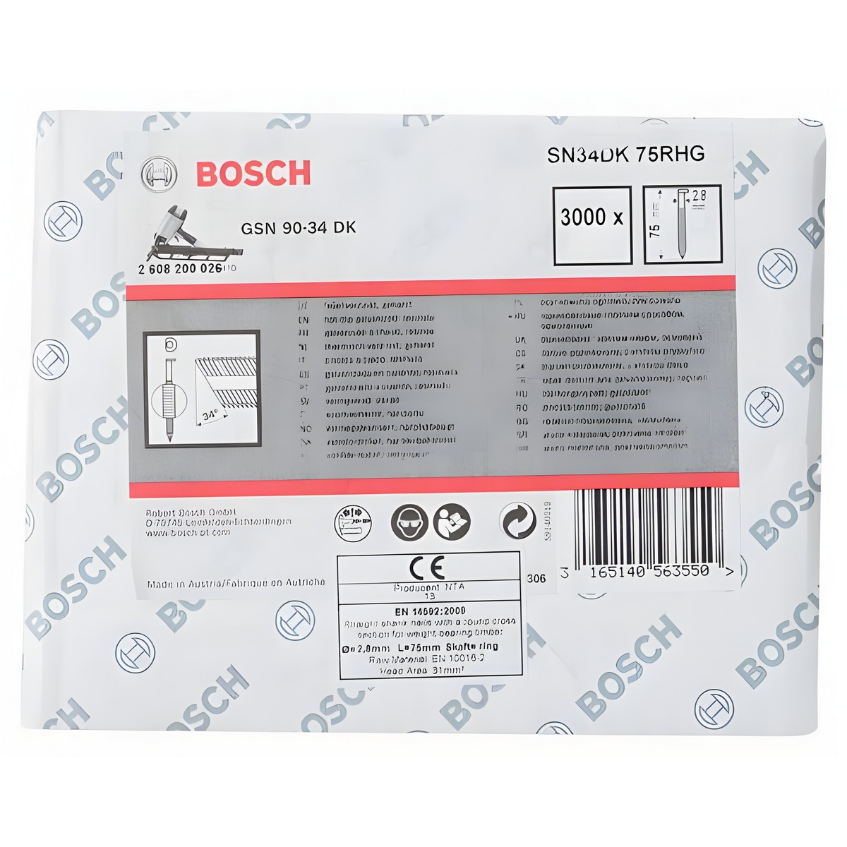 Гвоздь тип D SN34DK 75RHG (для GSN 90-34 DK, 3000 шт.) BOSCH 2608200026