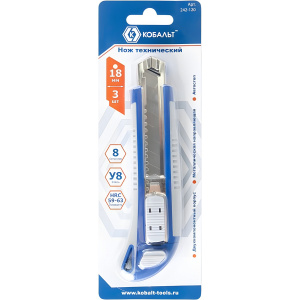 Нож технический 18 мм, двухкомпонентный корпус, металл. направл., автостоп (3 лезв.) КОБАЛЬТ 242-120