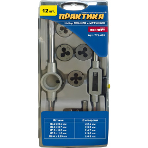 Набор плашек и метчиков M3-M8 (12 шт.) Эксперт ПРАКТИКА 779-455