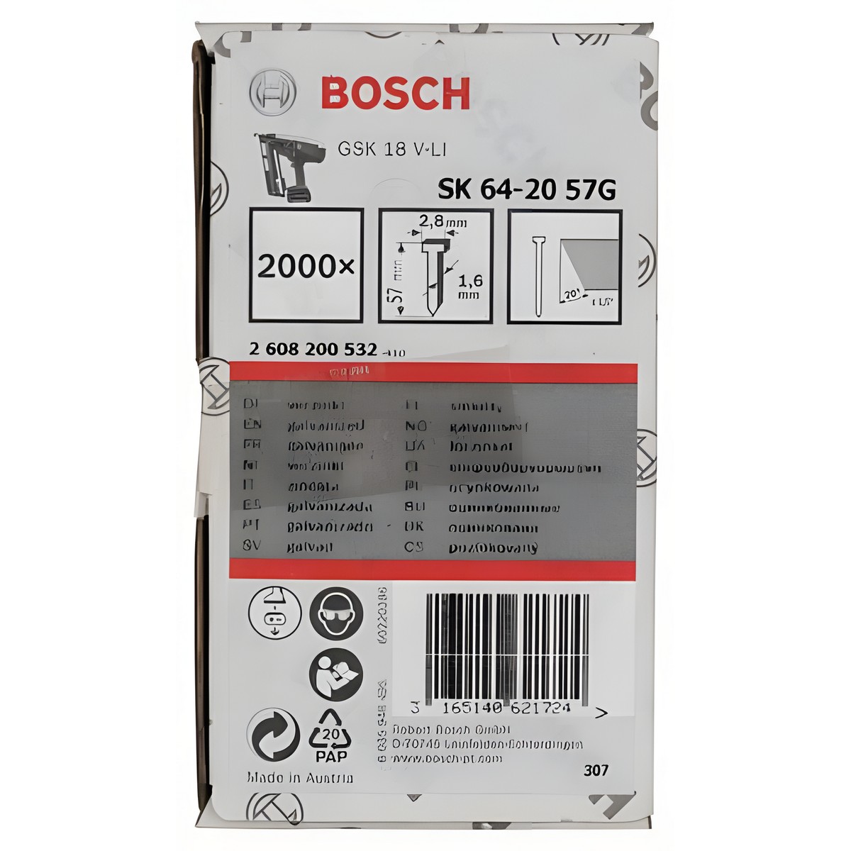 Гвоздь потайной SK64-20 57G (для GSK 18 V-LI, 2000 шт., оцинк.) BOSCH 2608200532