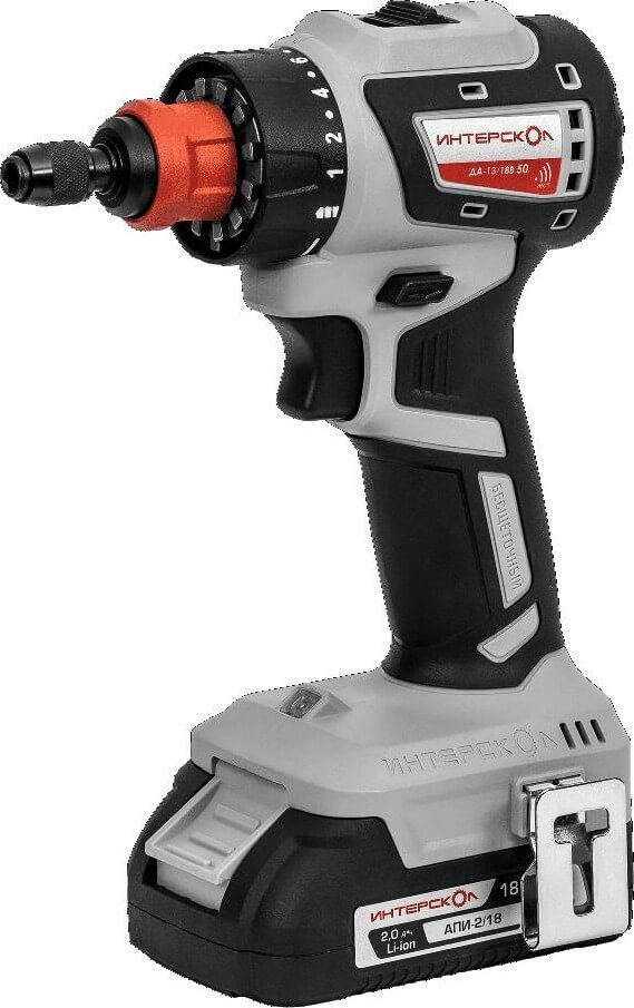 Дрель аккумуляторная ИНТЕРСКОЛ ДА-13/18В 50 АПИ (2 АКБ х 2.0Ah, ЗУ, кейс, 4 насадки)