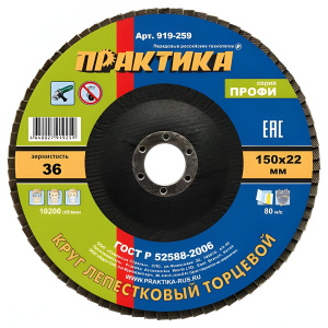 Круг лепестковый торцевой 150 х 22.2 мм Р36 Профи ПРАКТИКА 919-259
