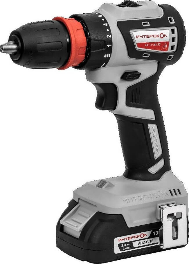 Дрель аккумуляторная ИНТЕРСКОЛ ДА-13/18В 50 АПИ (2 АКБ х 2.0Ah, ЗУ, кейс, 4 насадки)