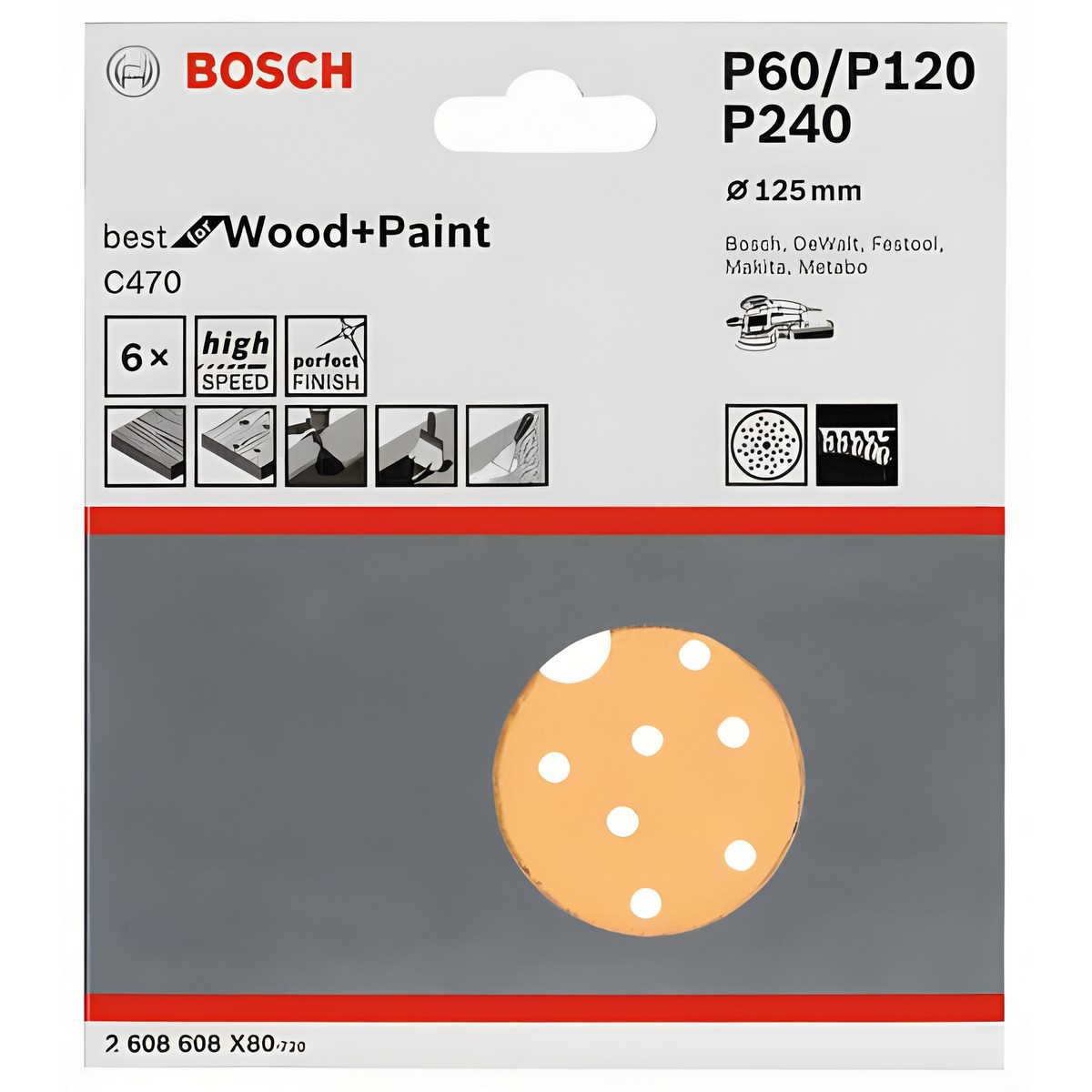 Круг шлифовальный 125 мм P60/120/240 (6 шт.) Best for Wood + Paint BOSCH 2608608X80