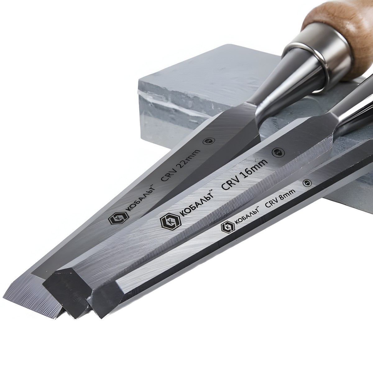 Набор стамесок 3 шт. (8/16/22 мм, деревянные ручки, точильный камень) КОБАЛЬТ 245-886