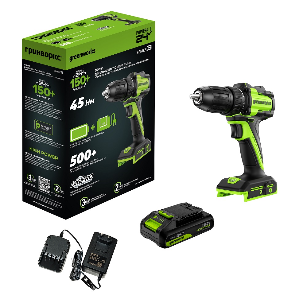 Дрель-шуруповерт аккумуляторная GREENWORKS DD345 3708307CUA