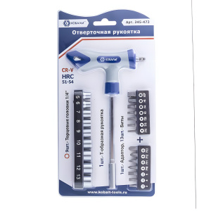 Отвертка-рукоятка Т-образная с набором бит и головок 1/4'', 24 шт. КОБАЛЬТ 245-473