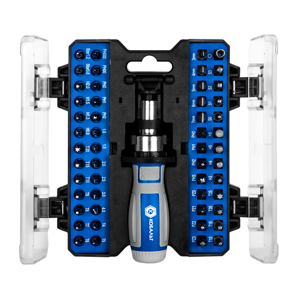 Отвертка-рукоятка реверсивная с набором бит 53 шт. (пласт. бокс) КОБАЛЬТ 915-076