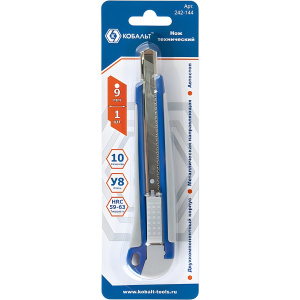 Нож технический 9 мм, двухкомпонентный корпус, металл. направляющая, автостоп КОБАЛЬТ 242-144