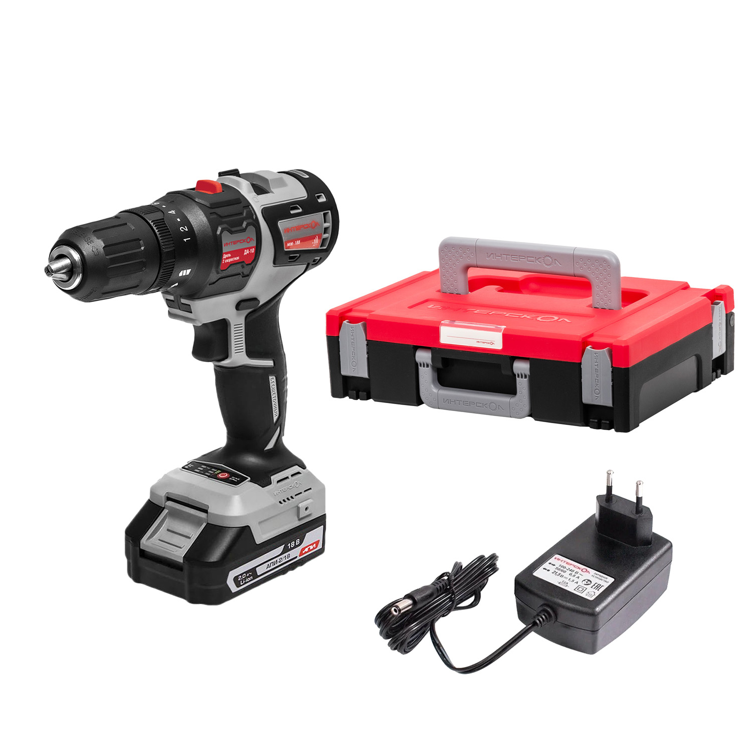 Дрель аккумуляторная ИНТЕРСКОЛ ДА-10/18В 44 (2 АКБ х 2.0 Ah, ЗУ, кейс)