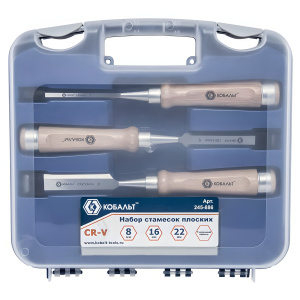 Набор стамесок 3 шт. (8/16/22 мм, деревянные ручки, точильный камень) КОБАЛЬТ 245-886