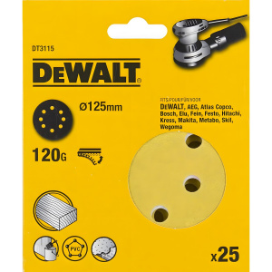 Круг шлифовальный 125 мм P120 (25 шт/уп) дерево, краска) DeWalt DT3115