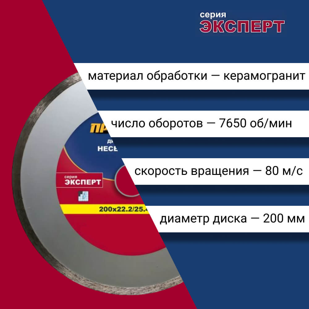 Диск алмазный 200 х 25.4/22.2 мм "Эксперт" (керамогранит) ПРАКТИКА 034-304