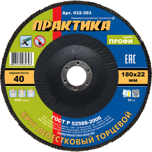 Круг лепестковый торцевой 180 х 22.2 мм Р40 Профи ПРАКТИКА 032-393